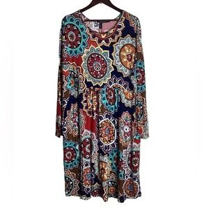 DB Moon Plus Size 3XL Bohemian Floral Print Long Sleeve Dress Women